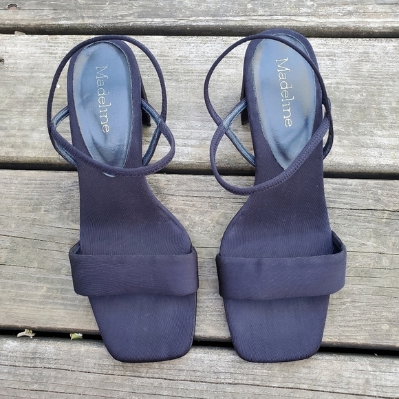 Vintage 90s y2k Rachel Green Strappy Square Toe Chunky Heel Navy Blue Sandals 9 - Picture 2 of 7